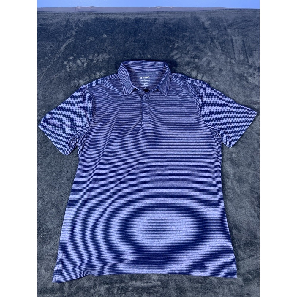 01.Algo Mens L Performance Stretch Quick Dry UV Short Sleeve Polo Blue Striped
